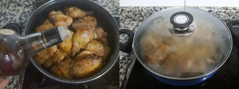 pasos finales del pollo en salsa: añadir brandy y cocción tapada en cazuela