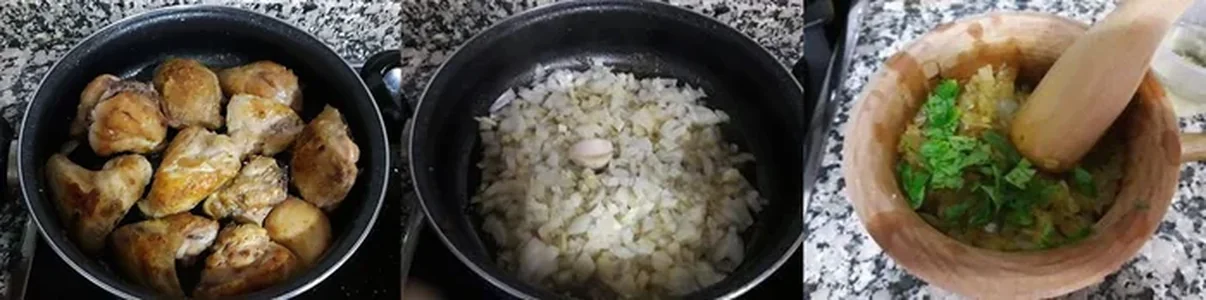 pasos clave de la receta de pollo en salsa: dorar el pollo, pochar cebolla y preparar el majado