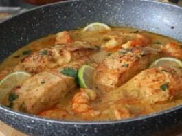 Salmón al curry con gambas servido en sartén con salsa cremosa y lima