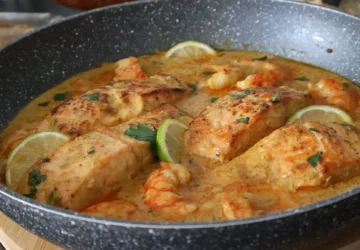 Salmón al curry con gambas servido en sartén con salsa cremosa y lima