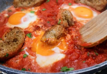 Huevos al purgatorio con tomate, huevo y pan en sartén.