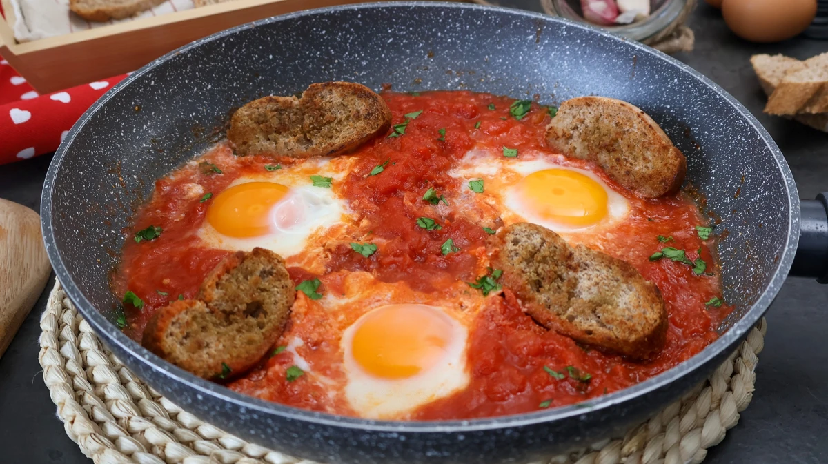 Primer plano de huevos al purgatorio con yema fundente.