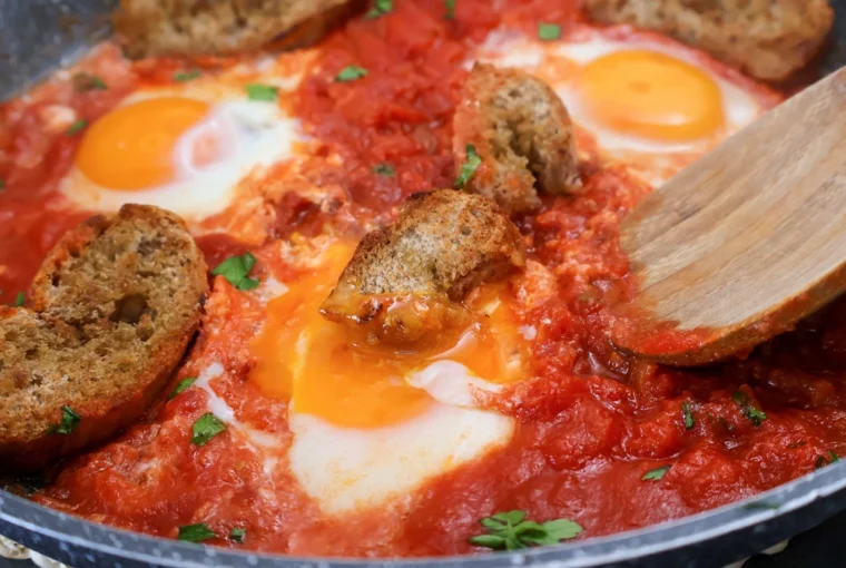 Huevos al purgatorio con tomate, huevo y pan en sartén.
