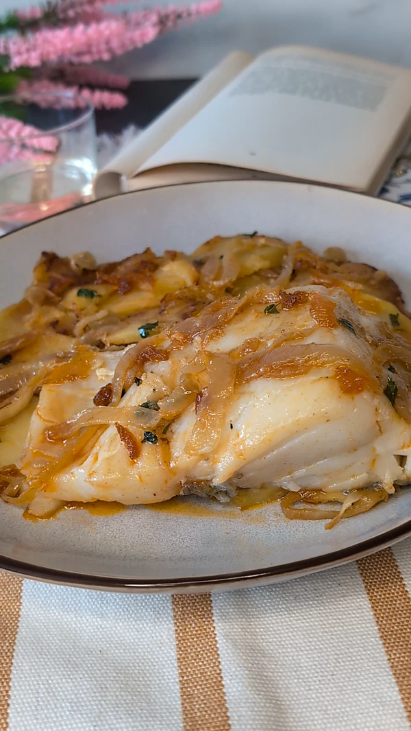 Bacalao à la Narcisa con cebolla pochada y patatas, servido en plato cerámico