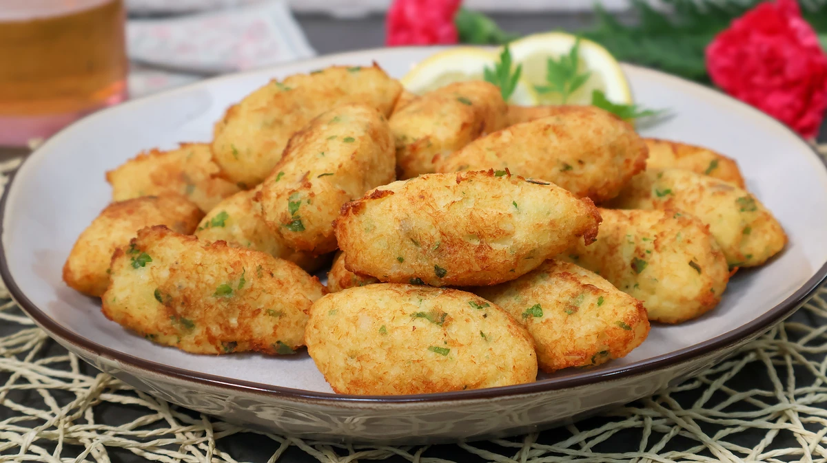 Pastéis de bacalhau dorados servidos con limón y perejil