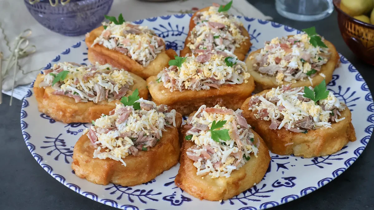 Presentación del plato completo de torrijas saladas con picadillo