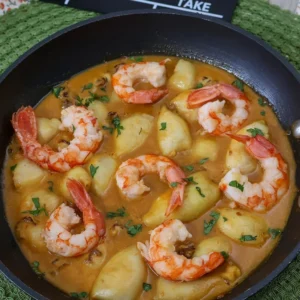 Sartén con chipirones y gambones en salsa