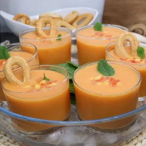 Vasitos de gazpacho de mango con hierbabuena y picadillo