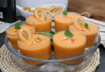 Vasitos de gazpacho de mango con hierbabuena y picadillo