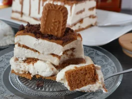 Tarta helada Lotus servida con cucharada lista para probar