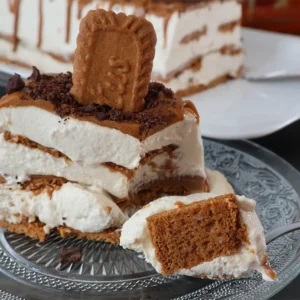 Tarta helada Lotus servida con cucharada lista para probar