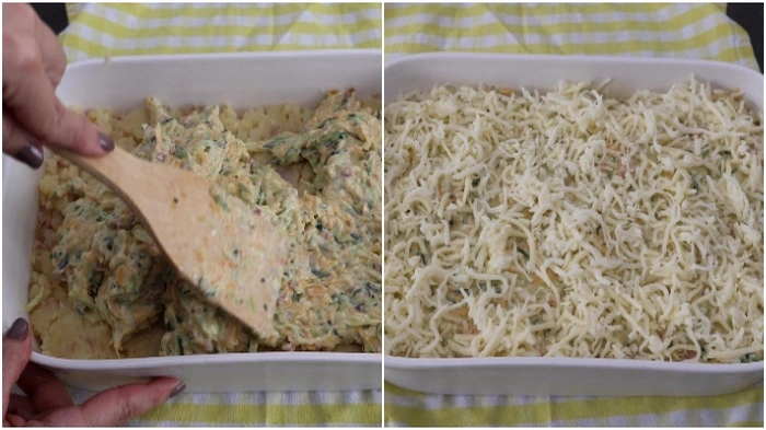 montaje del gratinado de calabaza, calabacín y patata antes de hornear, con la mezcla cremosa extendida y la fuente cubierta con queso rallado