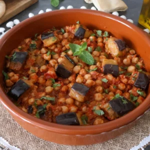 Maghmour libanés servido con garbanzos, berenjena y menta fresca