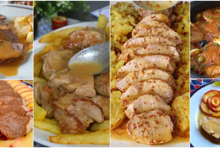 Collage con seis recetas de solomillo de cerdo: en salsa, al whisky, a la mostaza, con manzana, salsa dulce y estilo aragonés.