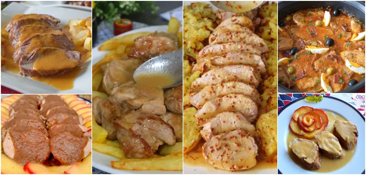 Collage con seis recetas de solomillo de cerdo: en salsa, al whisky, a la mostaza, con manzana, salsa dulce y estilo aragonés.