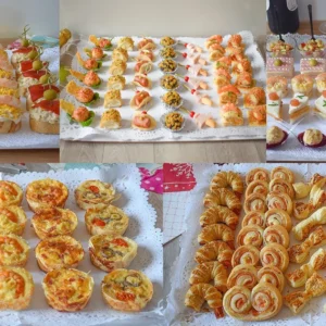 Collage con cinco bandejas de aperitivos fáciles para Navidad: canapés variados, montaditos, hojaldres salados, tartaletas y bocados fríos listos para servir.