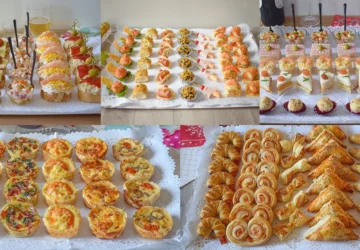 Collage con cinco bandejas de aperitivos fáciles para Navidad: canapés variados, montaditos, hojaldres salados, tartaletas y bocados fríos listos para servir.