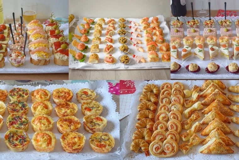 Collage con cinco bandejas de aperitivos fáciles para Navidad: canapés variados, montaditos, hojaldres salados, tartaletas y bocados fríos listos para servir.