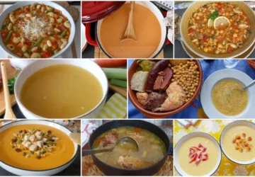 Collage de caldos caseros, sopas tradicionales y cremas de verduras