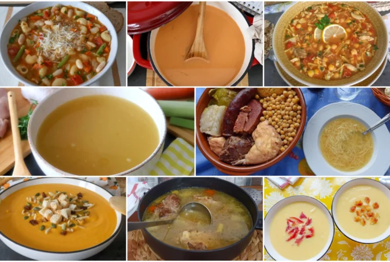 Collage de caldos caseros, sopas tradicionales y cremas de verduras