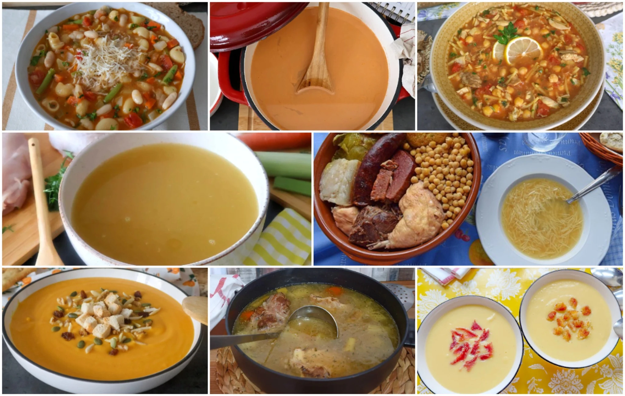 Collage de caldos caseros, sopas tradicionales y cremas de verduras