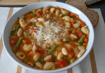 Plato de sopaminestrone tradicional con verduras variadas