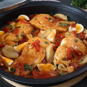 Cazuela con bacalao a la tranca terminado: lomos de bacalao en ajada roja con pimientos, patatas guisadas y huevo duro, receta tradicional