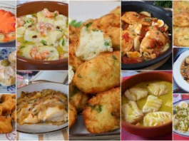 Collage de recetas con bacalao: pastéis, pil pil, pataniscas, potaje, pimientos rellenos y más platos tradicionales