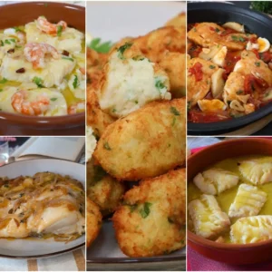 Collage de recetas con bacalao: pastéis, pil pil, pataniscas, potaje, pimientos rellenos y más platos tradicionales