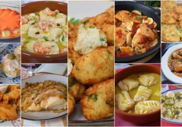 Collage de recetas con bacalao: pastéis, pil pil, pataniscas, potaje, pimientos rellenos y más platos tradicionales