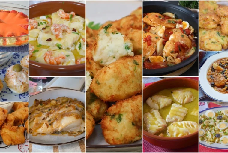 Collage de recetas con bacalao: pastéis, pil pil, pataniscas, potaje, pimientos rellenos y más platos tradicionales