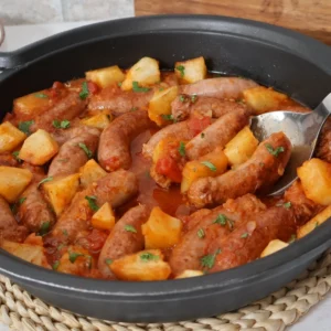 Cazuela de salchichas en salsa con patatas, tomate y perejil fresco, guiso terminado listo para servir