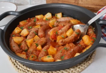 Cazuela de salchichas en salsa con patatas, tomate y perejil fresco, guiso terminado listo para servir