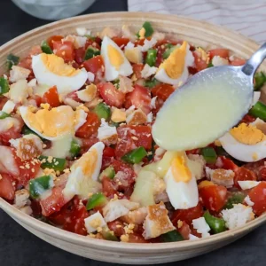 Cuchara vertiendo aliño cremoso de pan y ajo sobre cojondongo extremeño terminado con tomate, pimiento y huevo cocido en cuartos, listo para servir