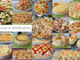 Collage de recetas de ensaladas fáciles y originales: ensaladillas, ensaladas de garbanzos, de pasta y de arroz