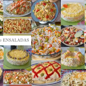 Collage de recetas de ensaladas fáciles y originales: ensaladillas, ensaladas de garbanzos, de pasta y de arroz