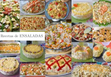 Collage de recetas de ensaladas fáciles y originales: ensaladillas, ensaladas de garbanzos, de pasta y de arroz