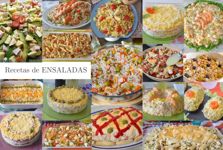 Collage de recetas de ensaladas fáciles y originales: ensaladillas, ensaladas de garbanzos, de pasta y de arroz
