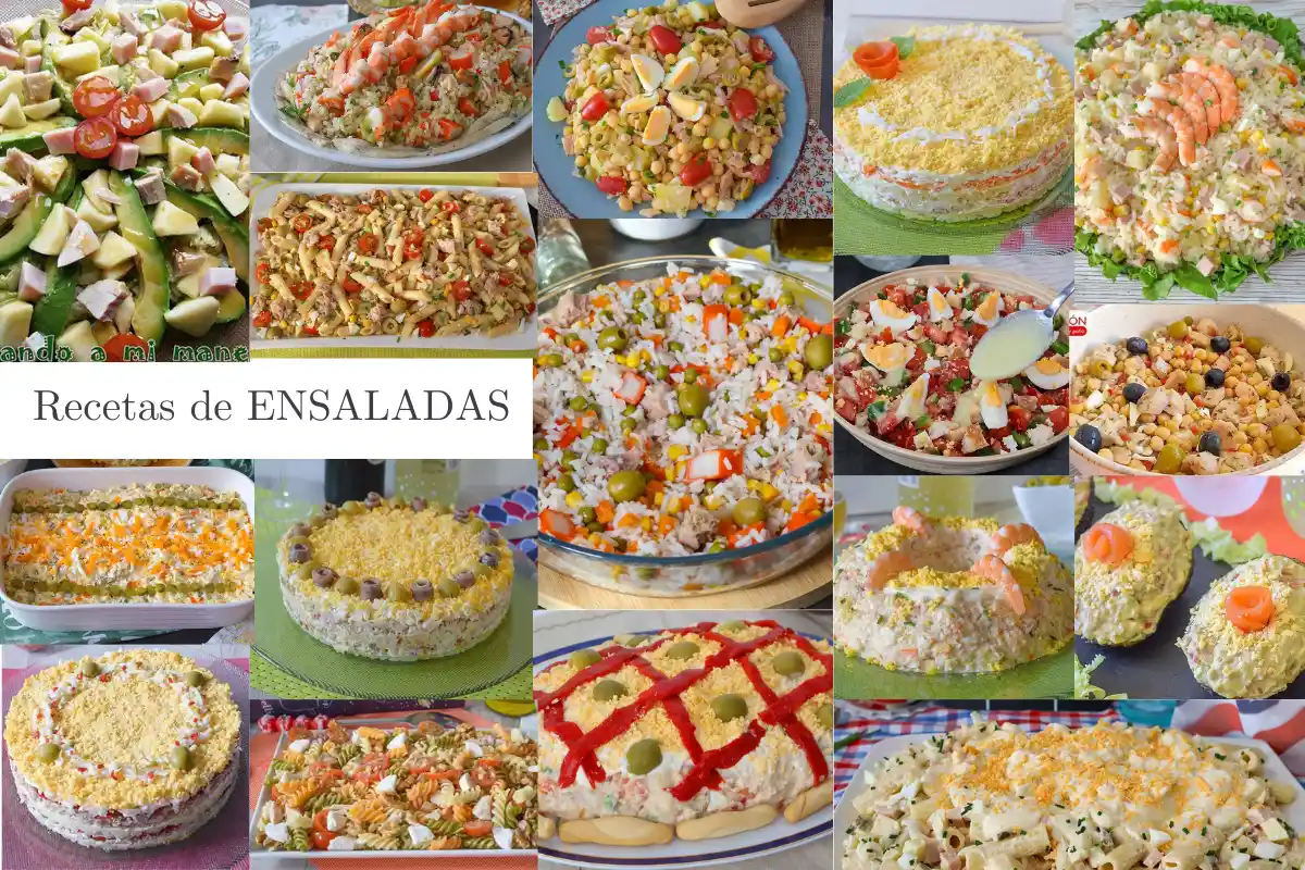 Collage de recetas de ensaladas fáciles y originales: ensaladillas, ensaladas de garbanzos, de pasta y de arroz