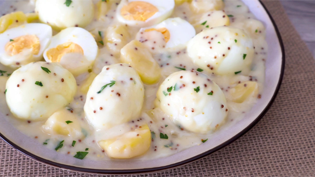 Detalle de la salsa cremosa de mostaza en grano cubriendo los huevos y las patatas
