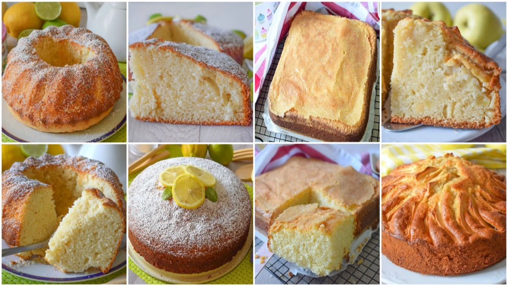 Collage con recetas de bizcocho de yogur: de limón, de manzana, de mantequilla y el clásico