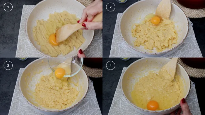Incorporando poco a poco los huevos a la masa de los buñuelos de viento
